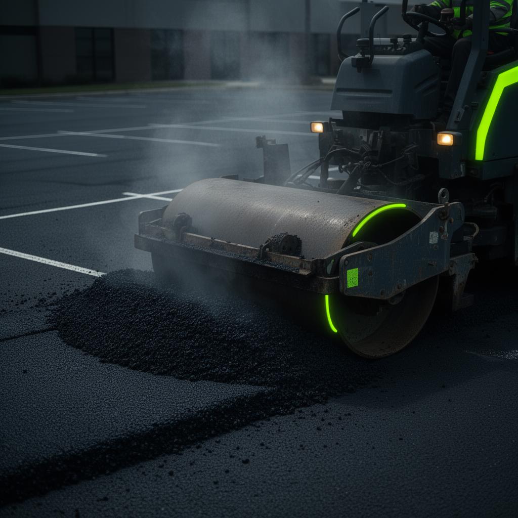 Asphalt paving roller laying fresh asphalt on commercial parking lot